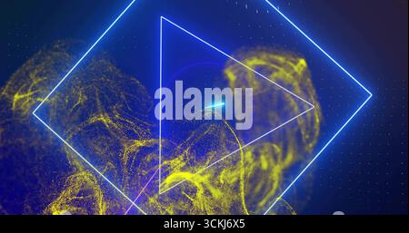 Swirling wireframe triangle intersecting abstract background, with blue triangles and yellow cloud Stock Photo