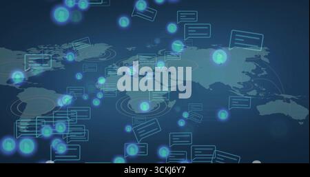 Displaying world map in interface with glowing user icons and chat bubbles tracing curved paths Stock Photo