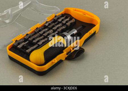 Lviv Ukraine 05.22.25 A compact screwdriver set displayed with multiple interchangeable bits and a comfortable grip handle, ideal for home repairs, el Stock Photo