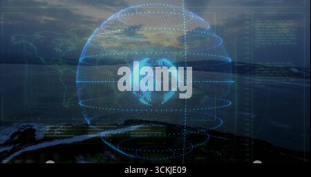 Floating holographic globe hovering above dark ocean at dusk, with dotted rings and world map grids Stock Photo