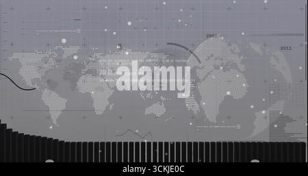 Dotted world map displaying on digital dashboard, with dotted globe, gridlines and point markers Stock Photo