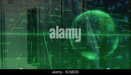 Displaying green globe hologram floating over dark grid interface with numeric readouts, copy space Stock Photo