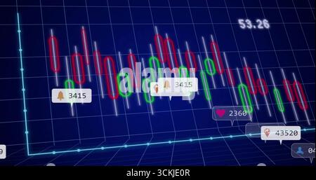 Displaying candlestick chart with colored bars and blue line on trading screen, with notifications Stock Photo