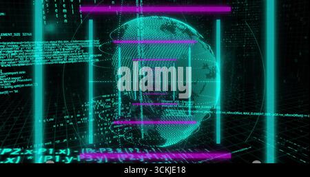 Rotating holographic globe pulsing in grid chamber, with magenta bars, cyan beams and code streams Stock Photo