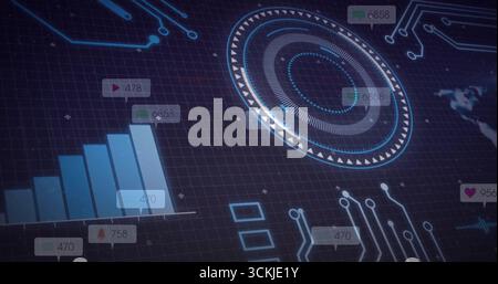 High-tech dashboard displaying data on grid with bar chart, numeric badges and HUD, copy space Stock Photo
