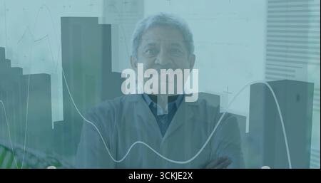 Senior scientist in lab coat analyzing whiteboard formulas and chart overlays in lab, with plant Stock Photo
