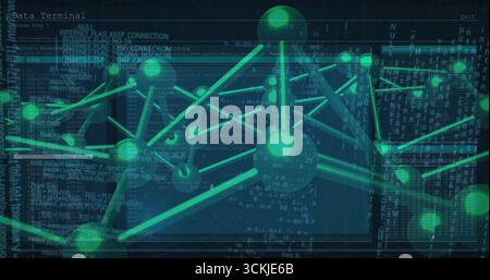 Displaying 3D network graph floating within terminal window, with glowing green nodes and links Stock Photo