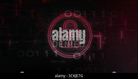 Pulsing neon-red lock icon with ACCESS DENIED text on screen, with binary digits, circuit lines Stock Photo