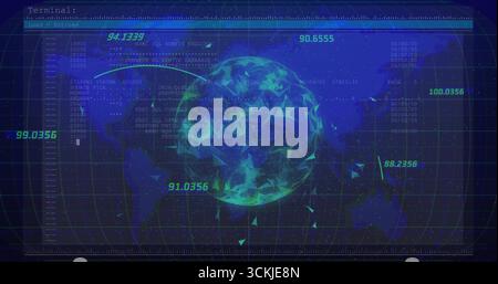 Displaying central wireframe globe on map grid, floating numeric values, SQL query lines Stock Photo