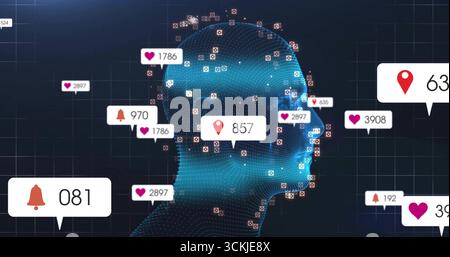 Displaying digital mesh head facing right on dark blue grid, with floating social media icons Stock Photo