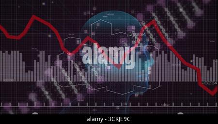 Displaying wireframe head floating in data interface, with DNA helices, data nodes and line graph Stock Photo