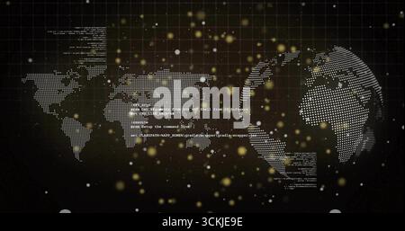 Displaying dotted world map and globe streaming code snippets over dark grid, with glowing lights Stock Photo