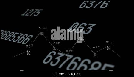 Displaying white line graph on dark canvas with trend markers, numeric labels, numbers, copy space Stock Photo