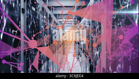 Glowing server racks lining data center corridor reflecting LEDs on floor, digital network overlay Stock Photo