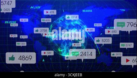 Showing glowing polygonal globe on virtual dashboard with grid lines, metric bubbles, linking arcs Stock Photo