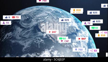 Displaying Earth globe rotating in outer space, with floating social media notification icons Stock Photo