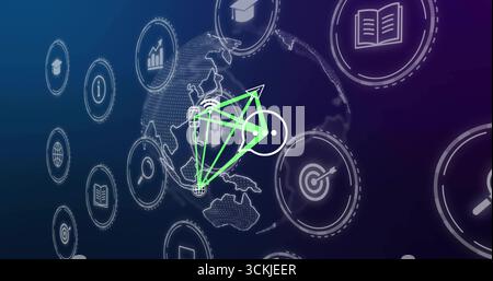 Highlighting bright green network node showing data flow across dotted globe interface with icons Stock Photo
