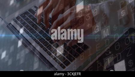 Typing man's hands pressing laptop keys at workspace, with floating code graphics overlay Stock Photo