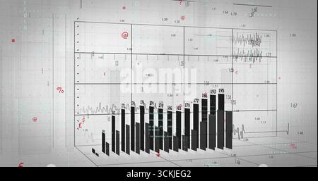 Displaying vertical black bars forming 3D chart on light grid, with labels, symbols and overlays Stock Photo