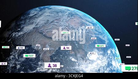 Displaying large Earth globe floating in space, with thumbs-up, comment, user icons, copy space Stock Photo