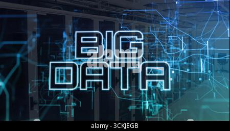 Displaying neon-blue BIG DATA text in data center corridor, with server racks and network overlay Stock Photo