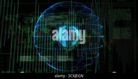 Displaying holographic dotted-line globe rotating on dashboard, with scrolling candlestick charts Stock Photo
