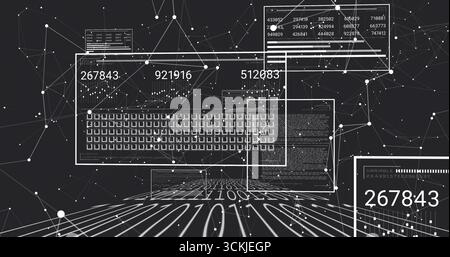 Forming central keyboard overlay in digital network interface, linking nodes and code panels Stock Photo