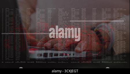 Typing senior Chinese woman hands on laptop keyboard at dim desk, with error logs, red schematics Stock Photo
