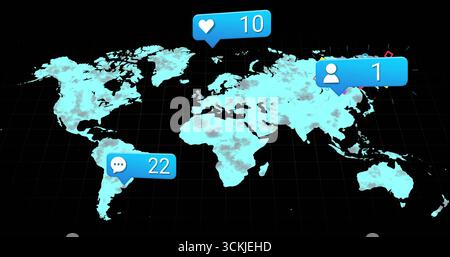 Displaying world map over grid in data dashboard, showing heart 10, comment 22, user silhouette 1 Stock Photo
