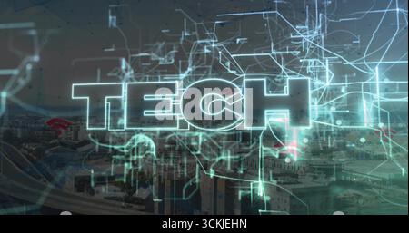 Displaying glowing 3D TECH text over futuristic urban skyline, with neon circuit and data streams Stock Photo