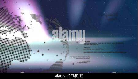 Rotating dotted globe occupying left of digital interface, with floating code fragments, copy space Stock Photo