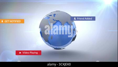 Rotating 3D globe floating in digital interface, with UI notification panels and lens flare Stock Photo