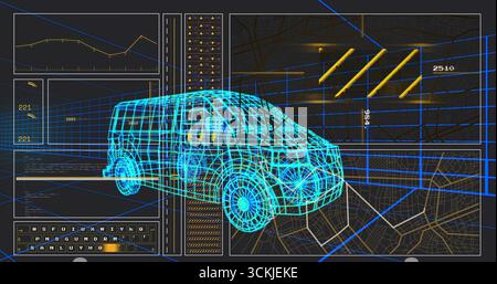 Rendering neon 3D wireframe van model in CAD interface, with grid lines and dimension labels Stock Photo