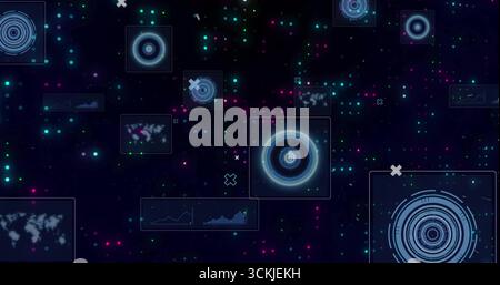 Floating concentric HUD element glowing in data environment, with graph and map panels, icons, dots Stock Photo