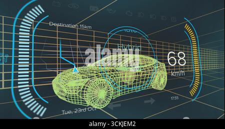 Displaying neon yellow wireframe car in grid interface, with speedometer and navigation arrow Stock Photo