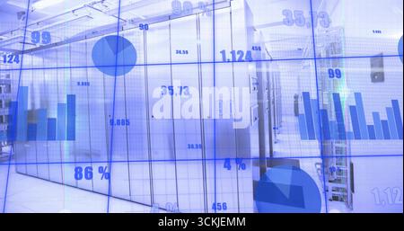 Displaying row of white server cabinets lining data center corridor, with digital charts overlay Stock Photo