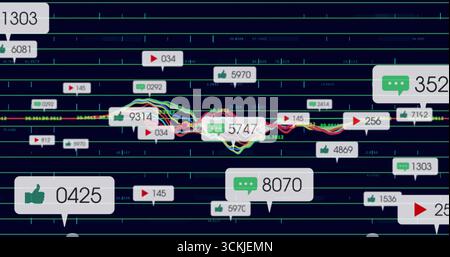 Displaying digital visualization on dark grid interface, with waveform lines and metric icons Stock Photo
