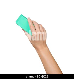 Hand with Green Rubber Eraser Isolated on White Background Stock Photo