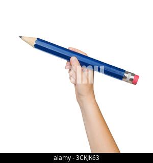 Hand Holding Big Pencil Isolated on White Background Stock Photo