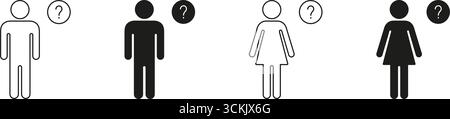 Male And Female Figures With Question Marks Icon Set. Gender Identity, Uncertainty, And Inquiry Symbol Collection. Confusion And Curiosity. Isolated Stock Vector