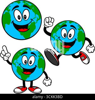Globe Character Mascot Set 01, Hand Drawn illustrations of a few Globe Character Mascots in various poses. Stock Vector