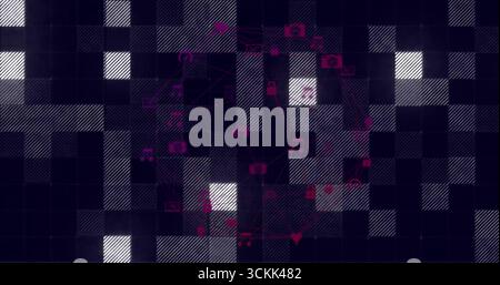Displaying digital icons hovering over checkered backdrop, with camera, chat and heart Stock Photo