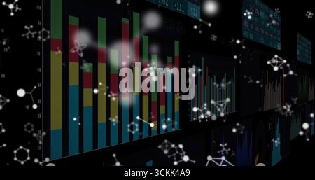 Displaying bar chart showing colorful bars in control room with molecules and screens, copy space Stock Photo
