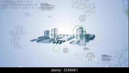 Displaying 3D model showing industrial plant tanks on grid, with hex and data overlays Stock Photo