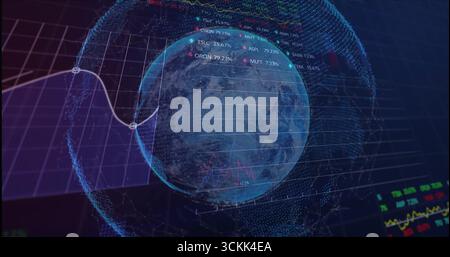 Holographic digital globe rotating in virtual analytics dashboard, with mesh of digital data points Stock Photo