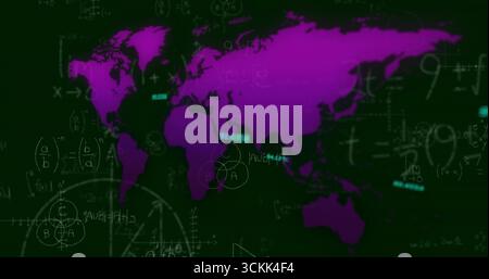 Featuring purple world map silhouette glowing on dark green data screen, displaying chalk formulas Stock Photo