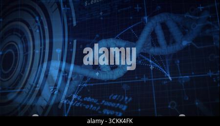 Floating DNA double helix glowing and rotating in digital grid, with holographic HUD elements Stock Photo