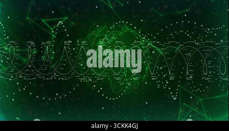 Rotating dotted wireframe globe showing waveform in digital network, with node lines and particles Stock Photo