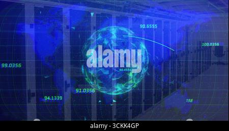 Displaying holographic globe mesh floating above server racks in data center, with numeric overlays Stock Photo