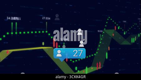 Displaying blue callout bubble showing 27 on dashboard with green yellow trend lines, bars, markers Stock Photo